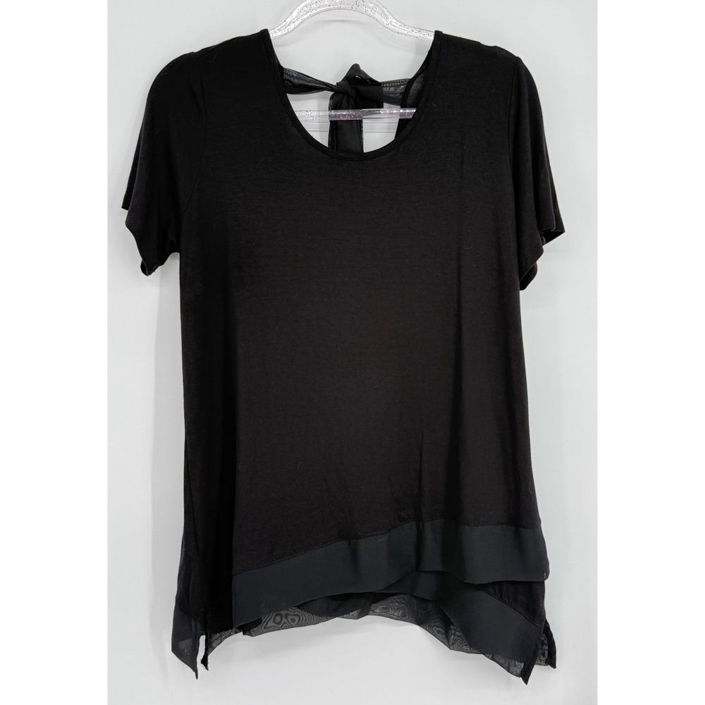 Pebble and Stone Womens Black Short Sleeve Back Tie Layered Hem Top Sz M‎ NEW
